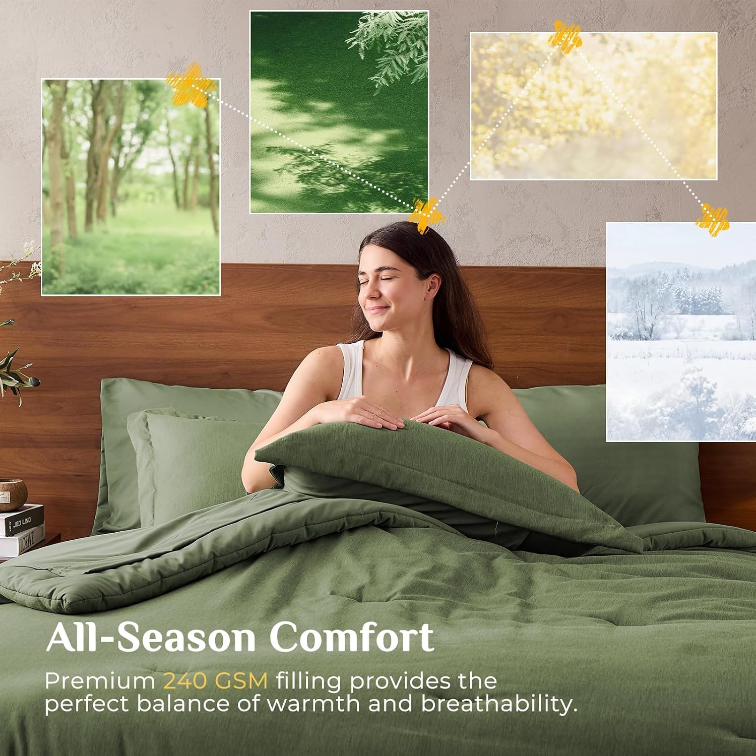 Thumbnail 4 de JOLLYVOGUE Queen 7-Piece Comforter Set, Dark Green, Double-Tone Microfibre
