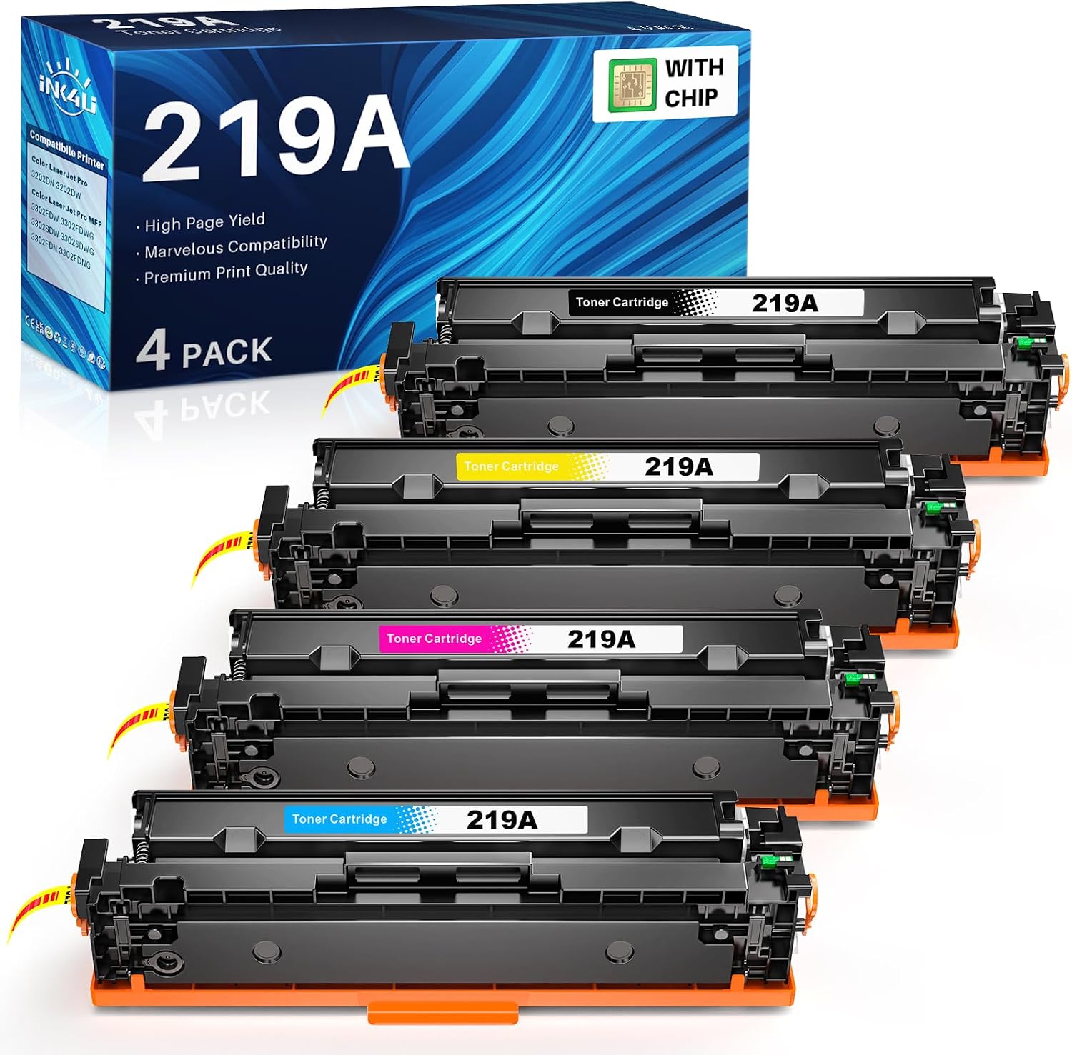 Detalle de INK4U 219A Toner compatibili per HP 219A W2190A — 4 pezzi per HP Color LaserJet Pro MFP 3302/3202 (con CHIP)
