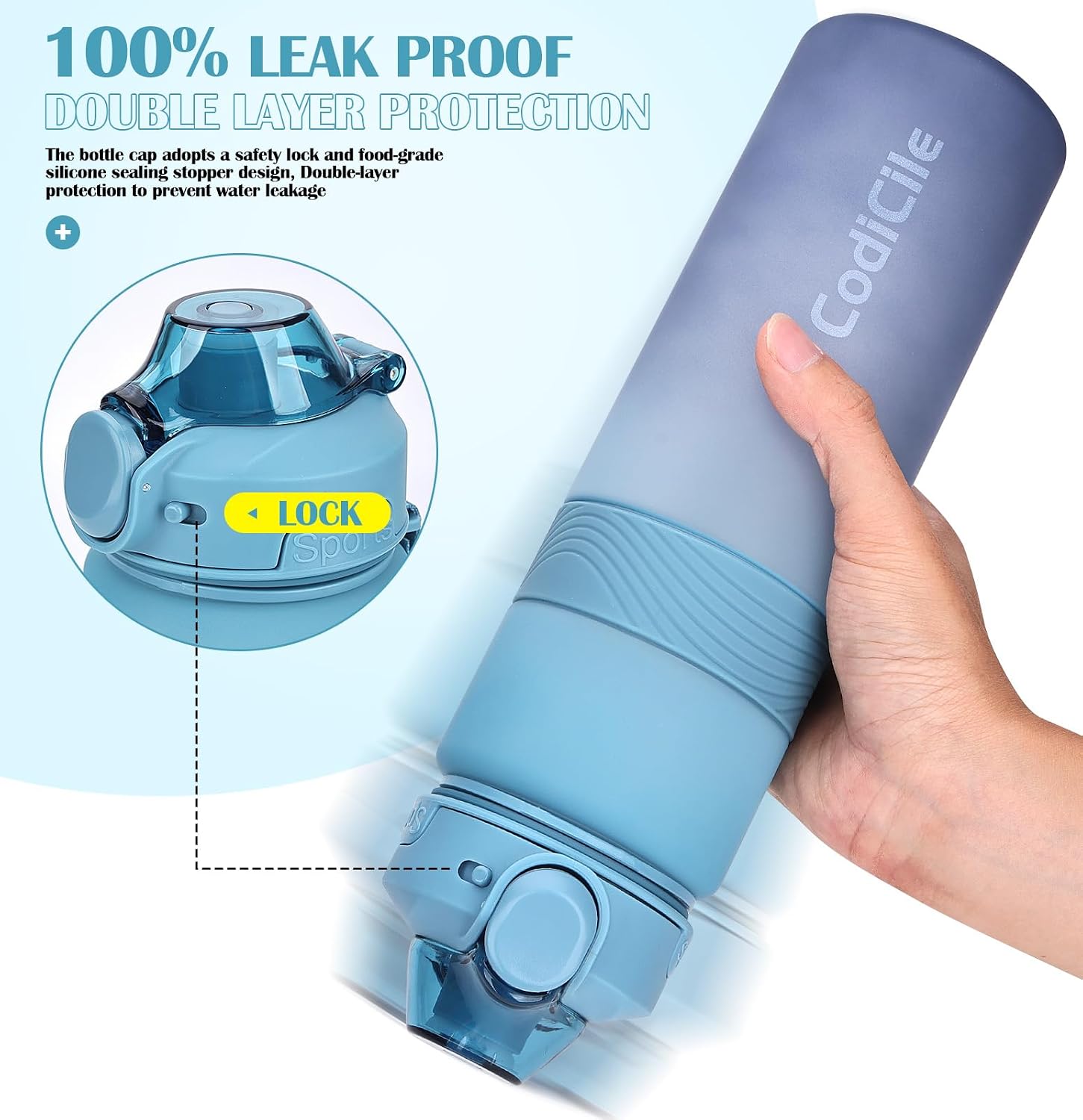 Detalle de CodiCile Water Bottle 1L – BPA Free, Leak-Proof, Light Dark Blue
