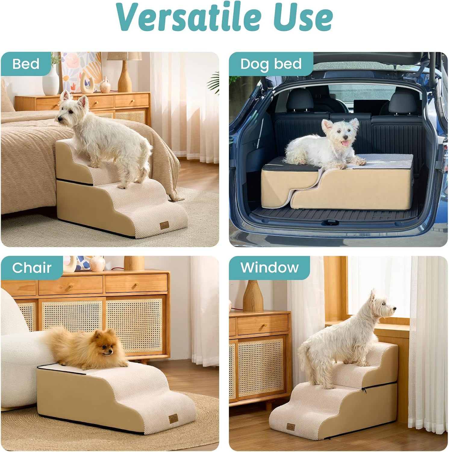 Detalle de COZY KISS Breiter Hundetreppe für Kleine Hunde – 4 Stufen, Beige, 40x72x50 cm