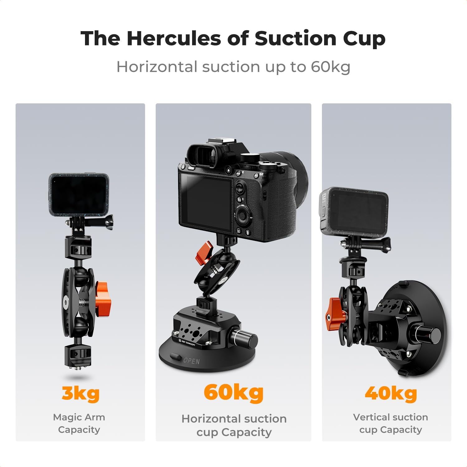 Detalle 2 de K&F CONCEPT Support à ventouse 6 pouces (152 mm) avec bras magique double rotule, pince téléphone et adaptateur GoPro