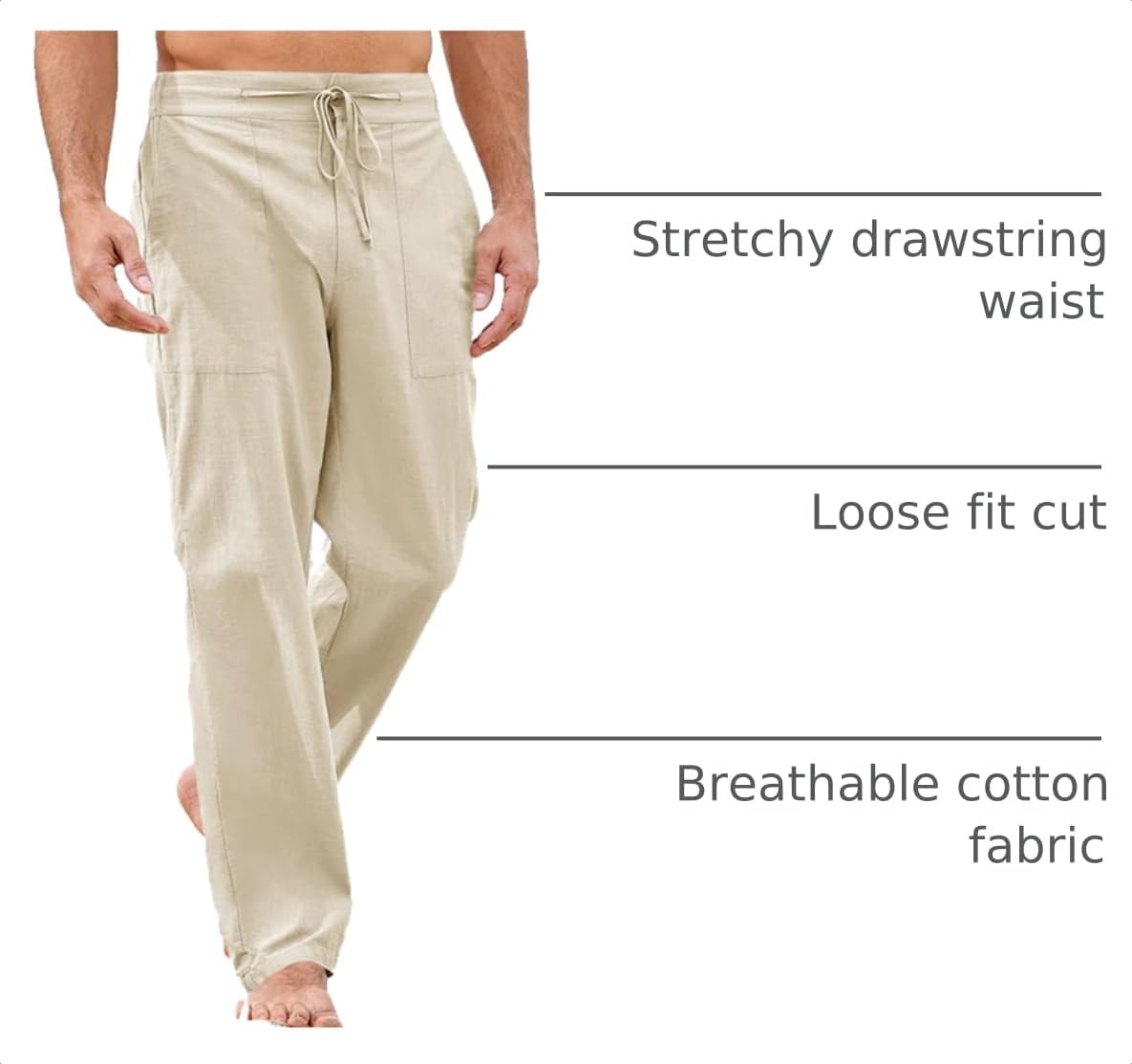 Thumbnail 3 de PASLTER Men’s Linen Casual Pants with Elastic Drawstring Waist (Loose Fit, Straight Legs)