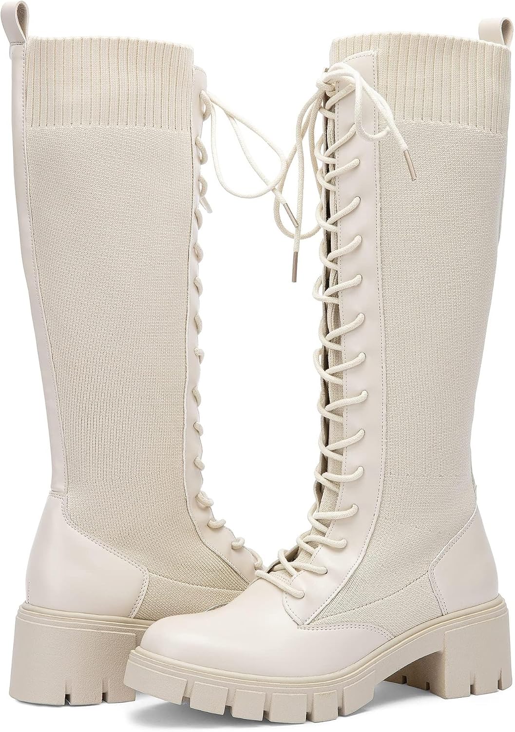 Detalle de Vepose CJY953 Women's Knee-High Combat Boots with Lace-Up Front and Chunky Platform