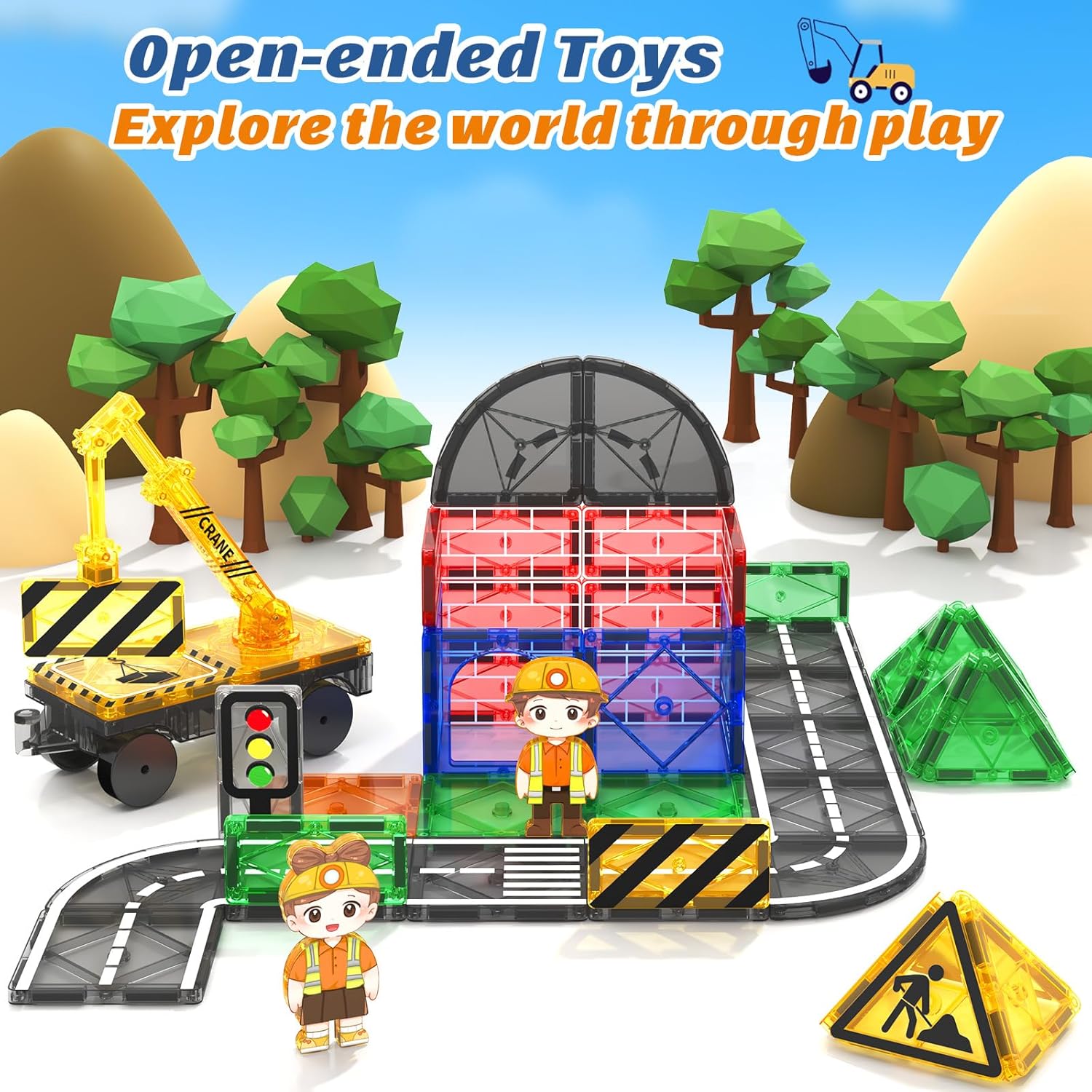 Detalle 1 de Kids Games Magnetic Tiles Road Set with Extendable Crane