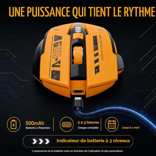 Thumbnail 3 de inphic A9 souris gamer rechargeable, trois modes, 12 800 DPI, RVB, jaune