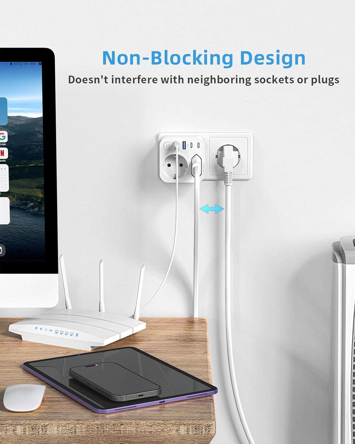 Detalle de SUDEERY Steckdosenleiste mit USB (2 Typ-C) – 2-fach Mehrfachstecker, 6-in-1, Weiß