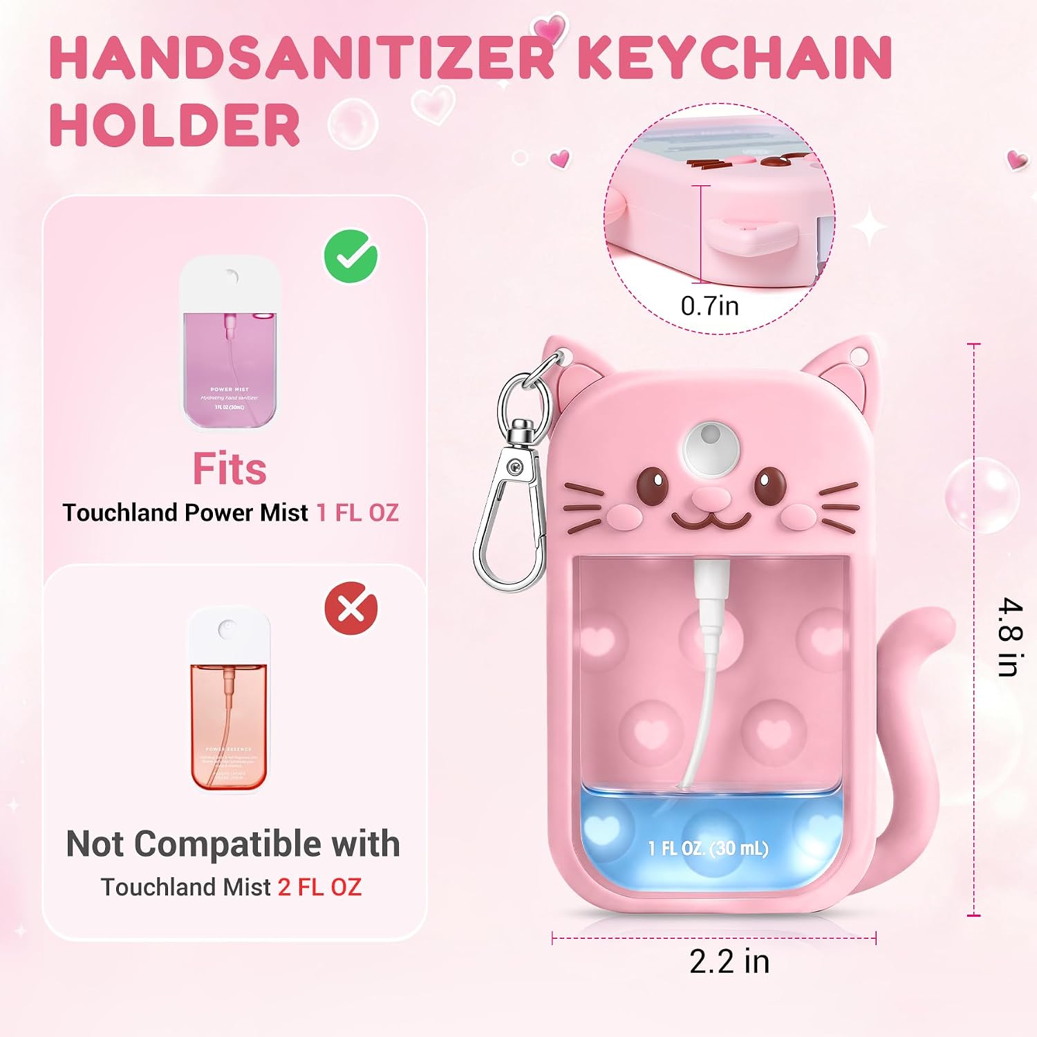 Detalle 2 de YENMOP Pink Silicone Hand Sanitizer Case for Touchland Power Mist with Keychain