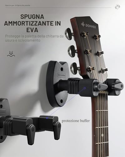Detalle de Donner Supporto a parete per chitarra – 2 pack con blocco automatico e cuscinetti EVA
