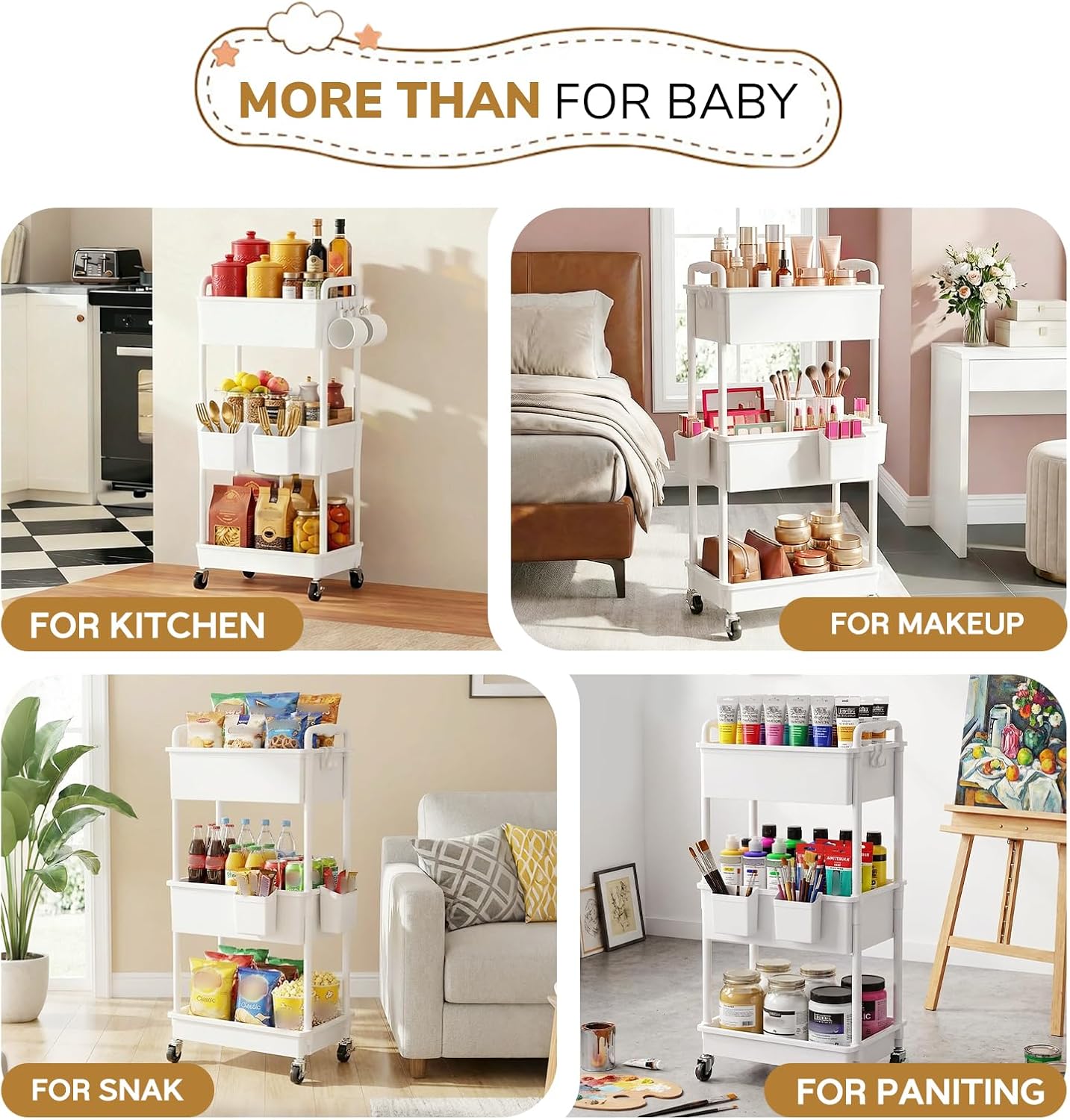 Thumbnail 6 de Goovilla 3-Tier Diaper Cart, White Rolling Organizer with Lockable Wheels
