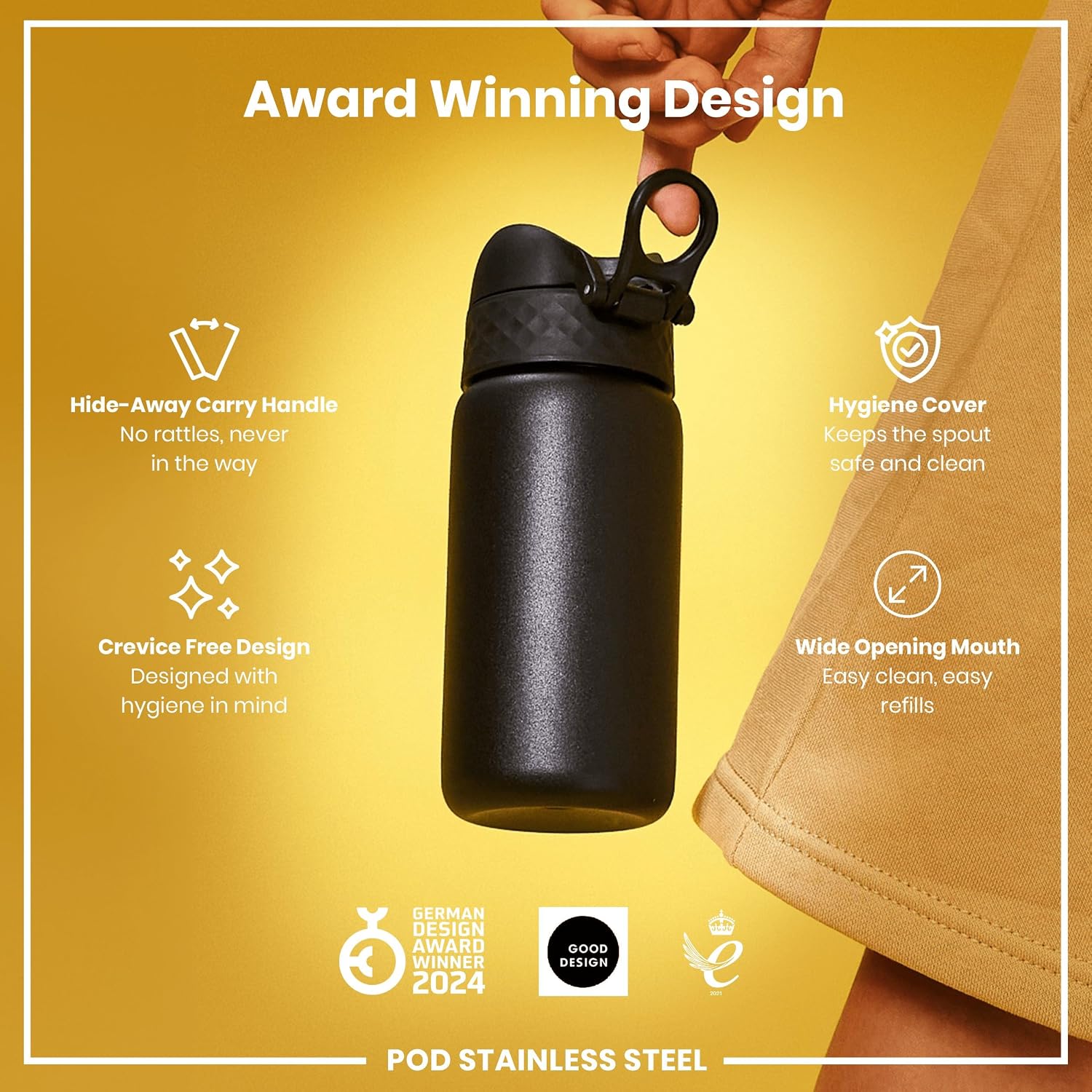 Detalle de ION8 Lightweight Steel Kids Water Bottle (400ml/13oz) – Leak Proof, Dishwasher Safe, Black
