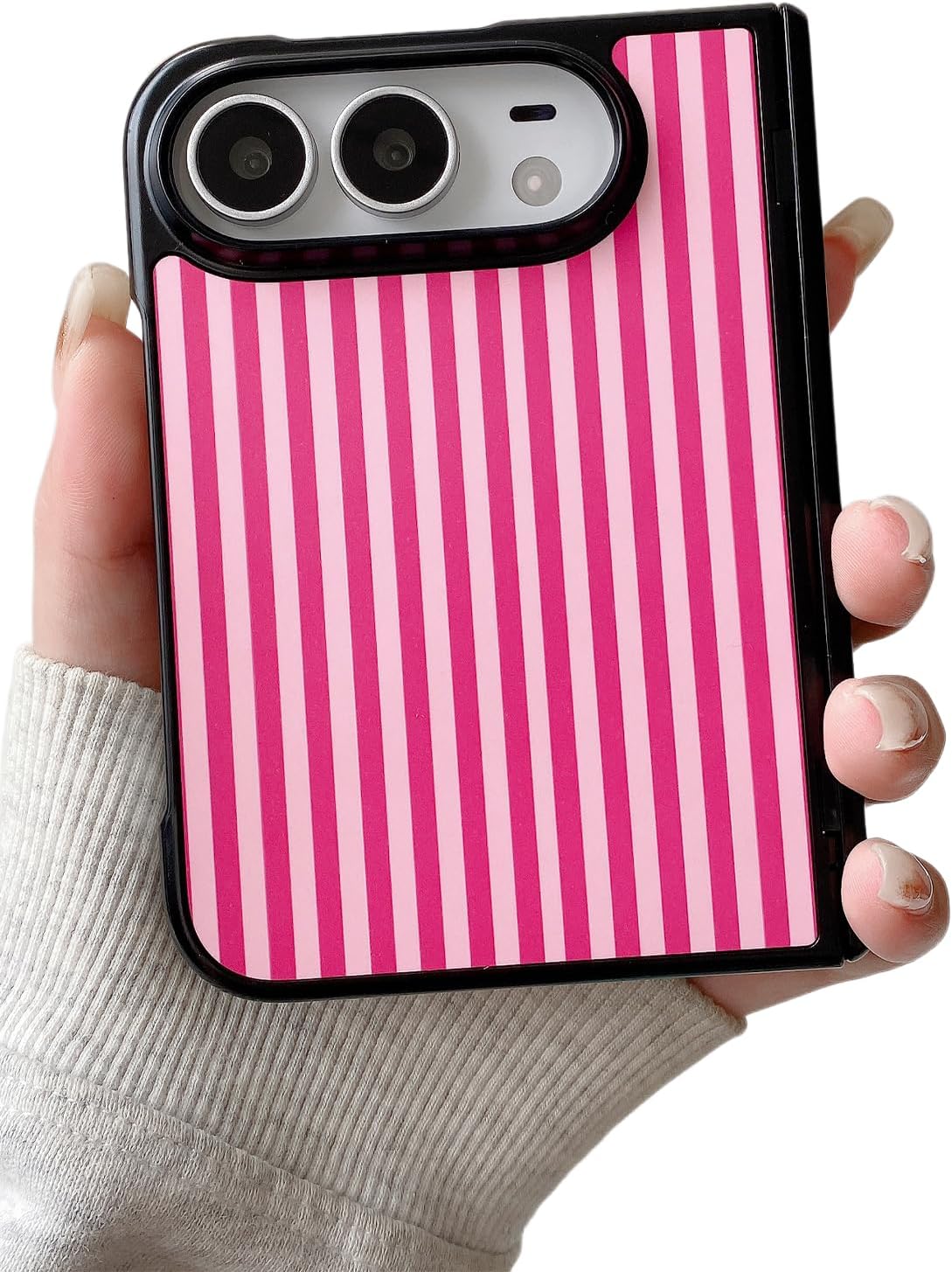 Detalle de Longlayss iPhone Duo Case, Hot Pink Stripes, PC Shell and Spring Hinge
