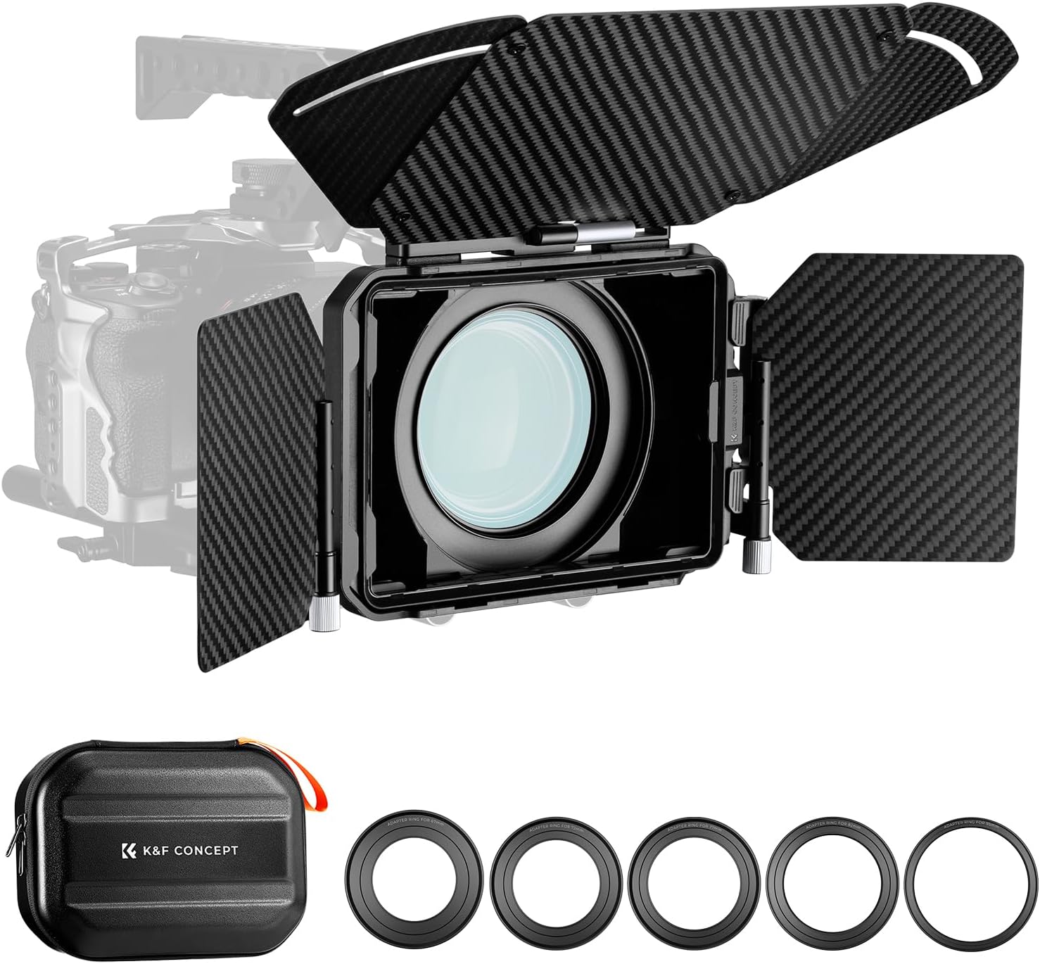 Detalle de K&F CONCEPT Mini Matte Box con 2 Portafiltri 4”x5,65” e Alette in fibra di carbonio per DSLR/Mirrorless – 5 anelli adattatori inclusi
