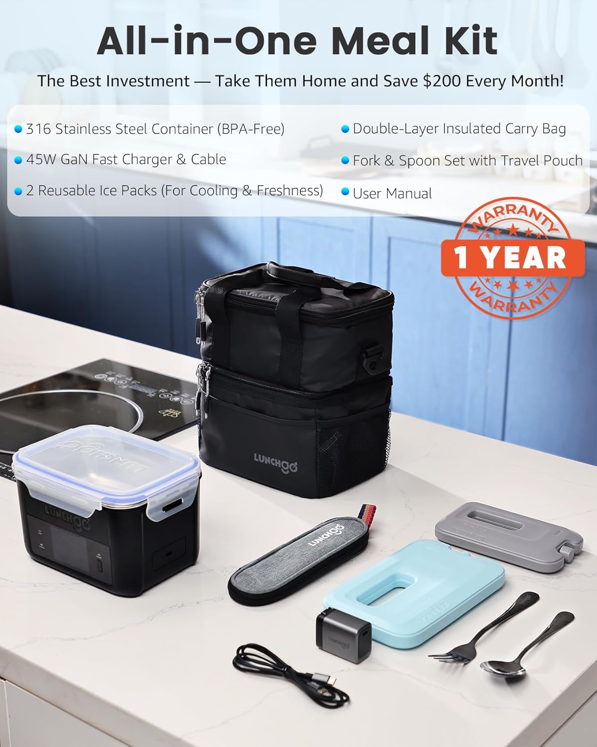 Thumbnail 5 de LunchGO G1 Cordless Electric Heated Lunch Box — 5-Cup Capacity, 74Wh Battery, Scheduled Heating