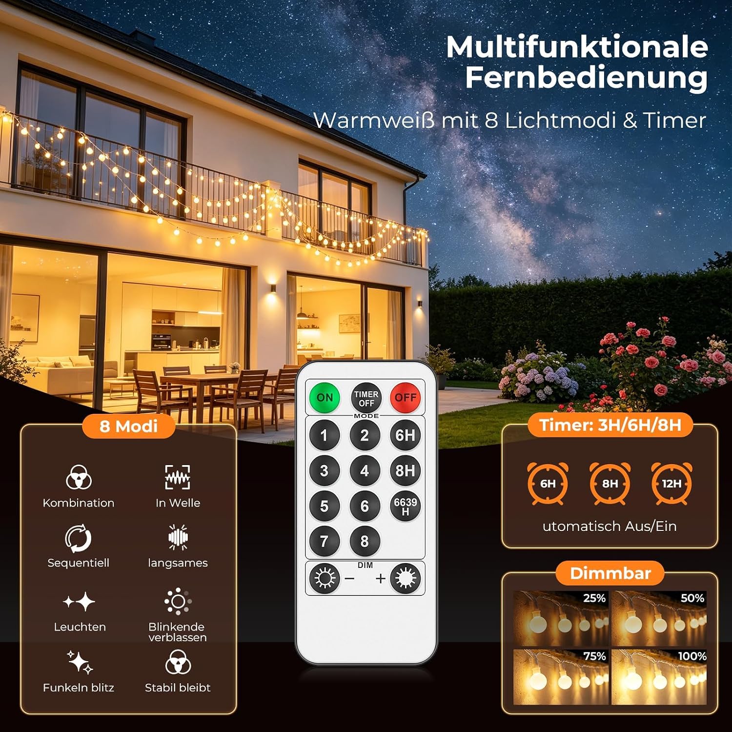 Detalle de LED-Lichterkette Outdoor 27 m, 200 LEDs – IP44, warmweiß, dimmbar mit Timer und Fernbedienung