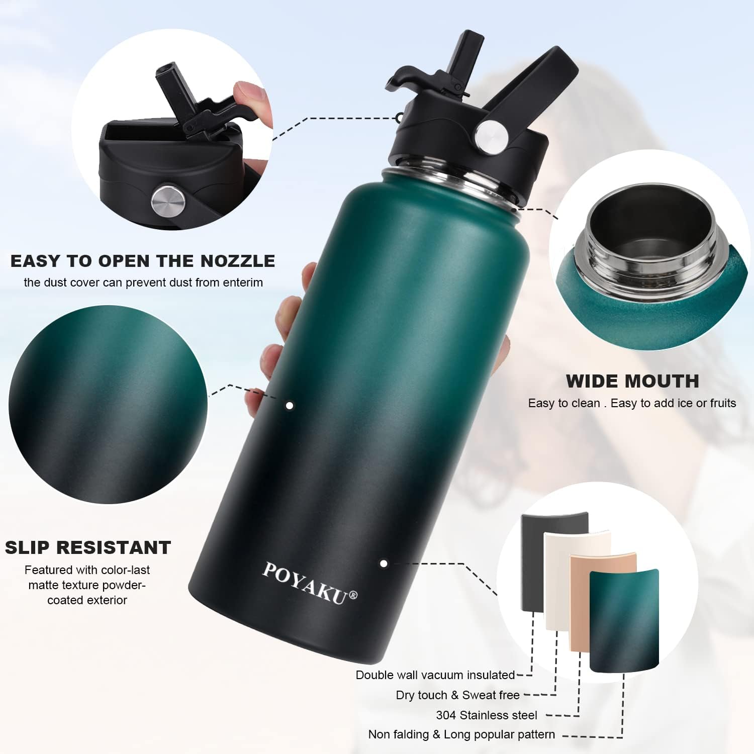 Thumbnail 3 de Water Bottle Insulated 32oz/40oz/64oz/128oz with 3 Lids: Leak-Proof Vacuum Stainless Steel Bottle