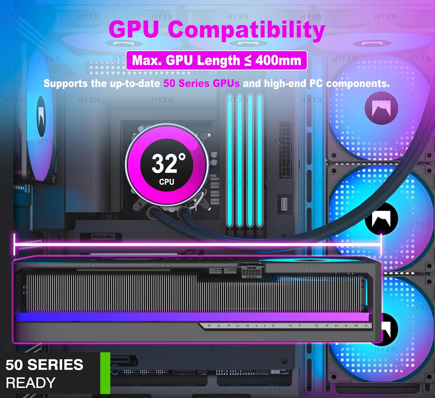 Thumbnail 6 de HYXN H1 ATX PC-Gehäuse: Vorinstallierte 7 PWM ARGB-Lüfter, Dual-Kammer-Design, Platz für 3x360 mm Radiatoren