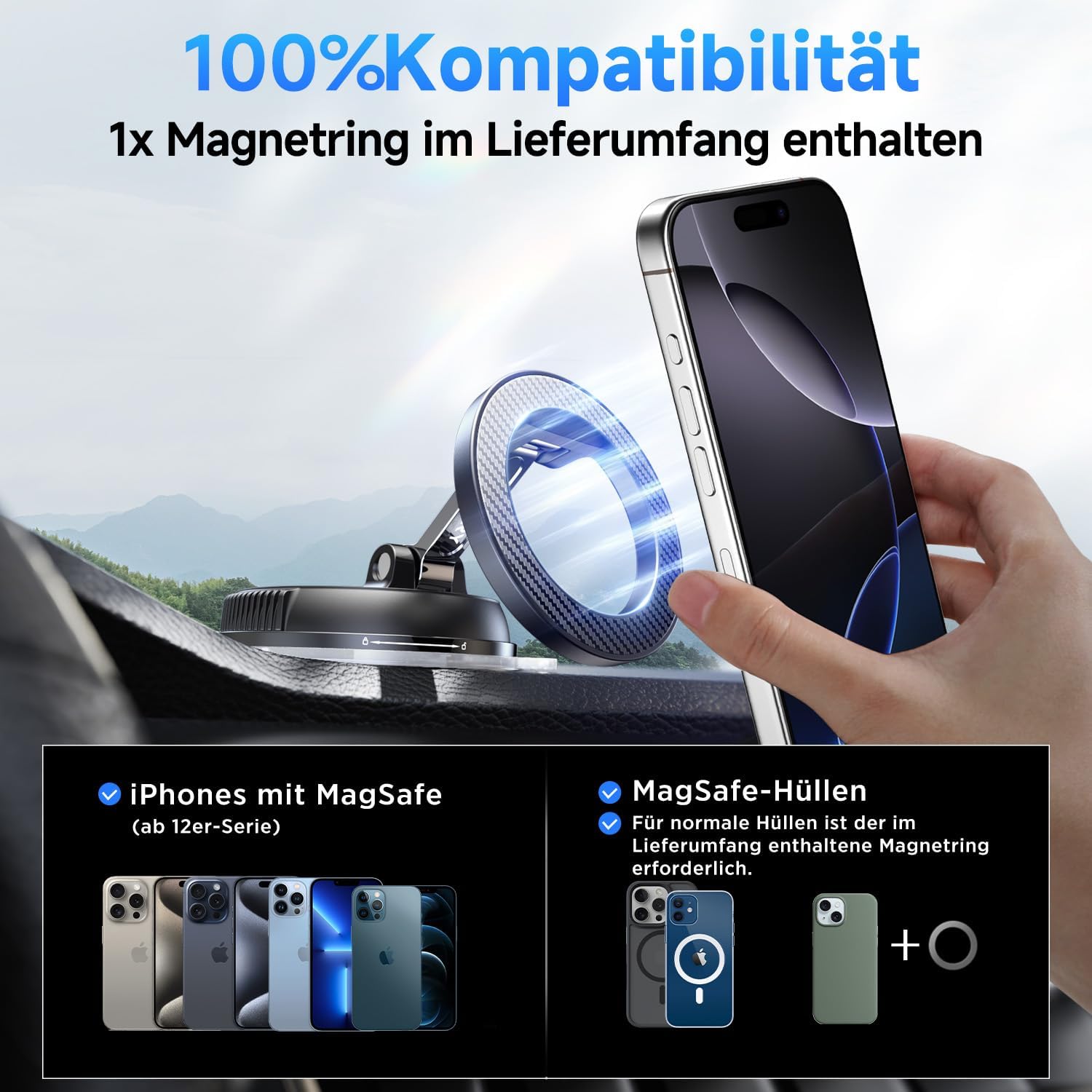Detalle 2 de Moeila Vakuum Handyhalterung Auto für MagSafe – magnetische 360° Halterung mit Doppelgelenk, mattschwarz