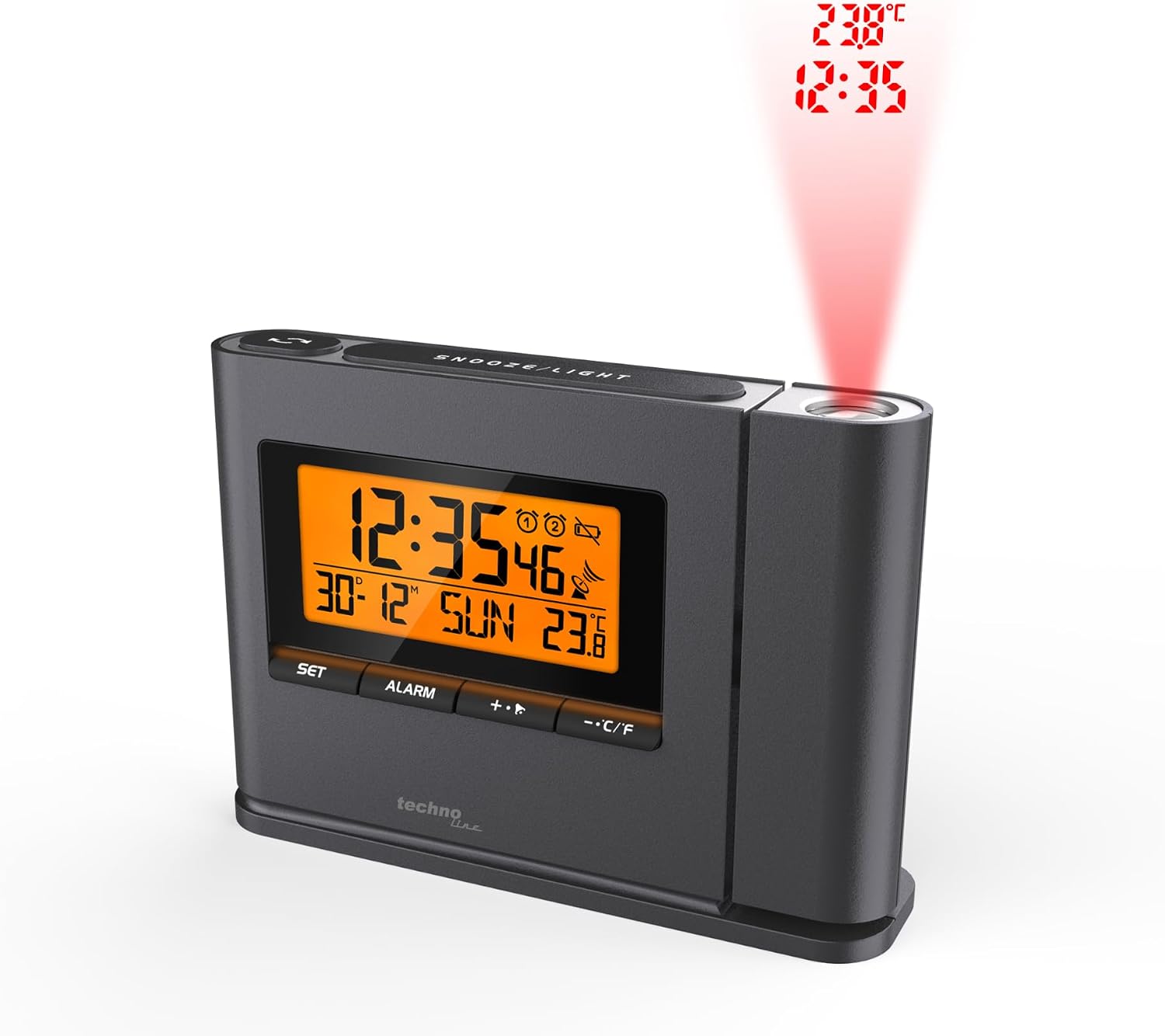 Detalle de Techno Line WT519 Réveil à Projection Noir – horloge radio-pilotée avec projection multilingue