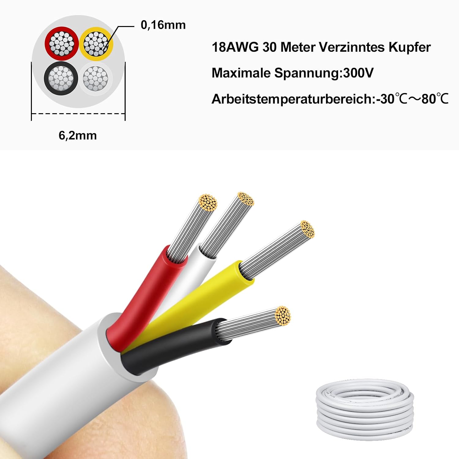 Detalle 2 de 30 Meter 18AWG 4x0,75 mm² Vieradriges Kabel – verzinnte Kupferlitze, PVC-Isolierung, flexibel, Weiß, 300 V