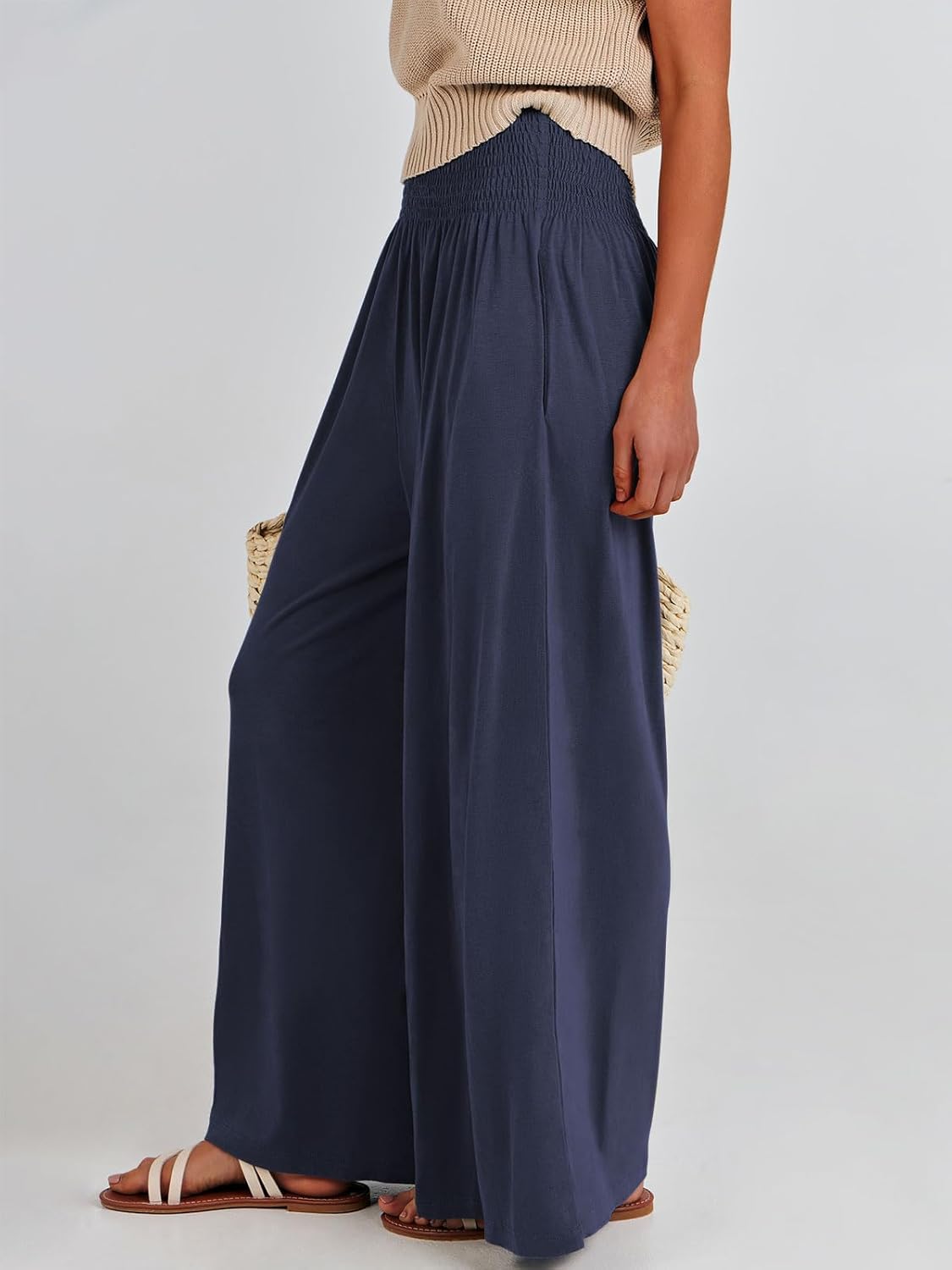 Detalle 2 de ANRABESS Women Palazzo Pants: Smocked High-Waist, Wide-Leg Lounge Pant with Pockets