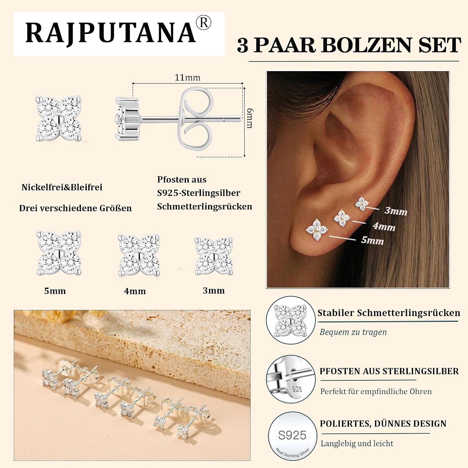 Thumbnail 3 de RAJPUTANA: Set di 3 paia di orecchini a perno in argento 925 con Zirconia Cubica AAAA+