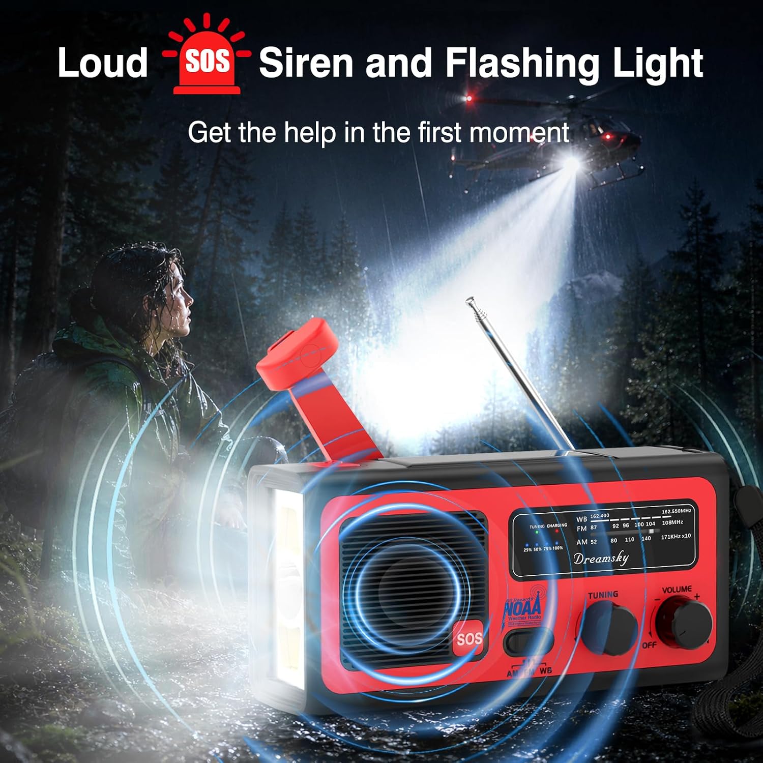 Detalle 2 de DreamSky NOAA Emergency Radio with Hand Crank, Solar Charging, SOS Alarm and Light
