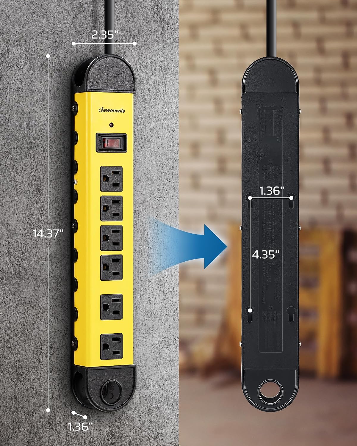 Thumbnail 6 de DEWENWILS PS-678F-3 Metal Power Strip, 6 Outlets, 900-Joule Surge Protection