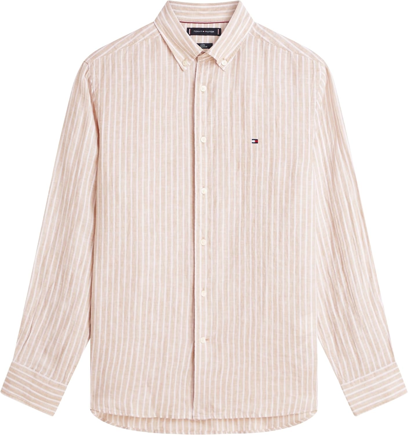 Detalle de Tommy Hilfiger Linen Bengal Stripe RF Shirt MW0MW42400 camicia uomo a righe in lino