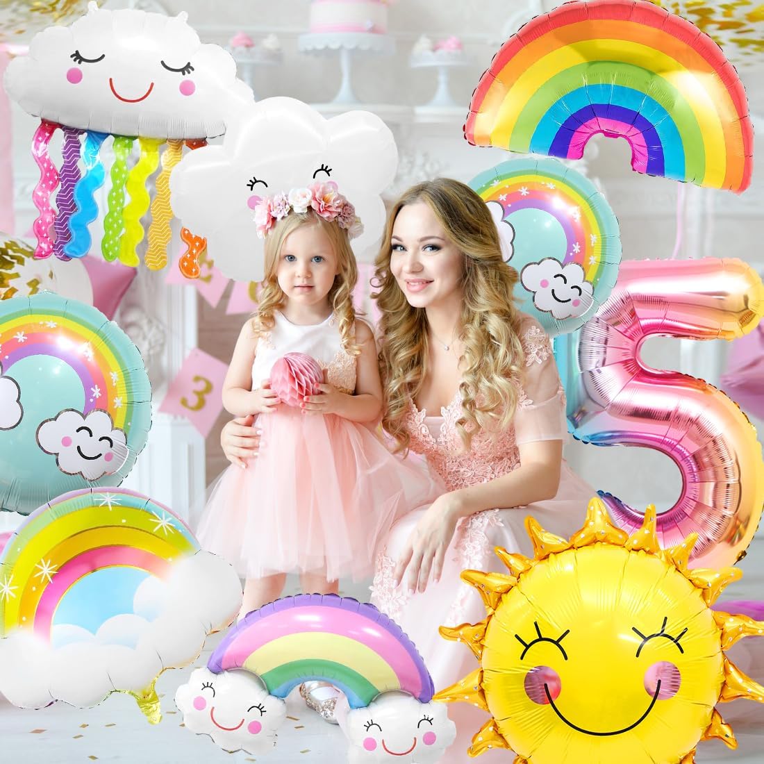 Thumbnail 5 de Aurasky Regenbogen Geburtstagsdeko 5: Folienballons mit Wolken & Sonne (Zahl 5 Set)