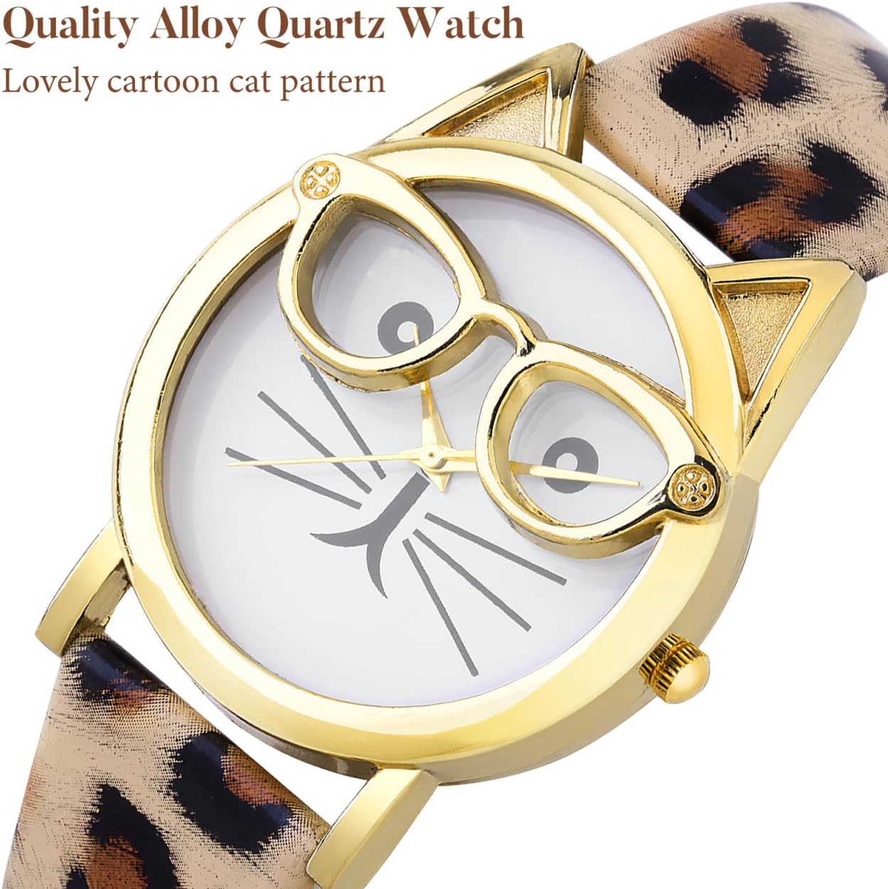 Detalle de Hemobllo Damen-Armbanduhr mit Katzen- und Leopardenmotiv – Quarz-Uhr im Kawaii-Stil