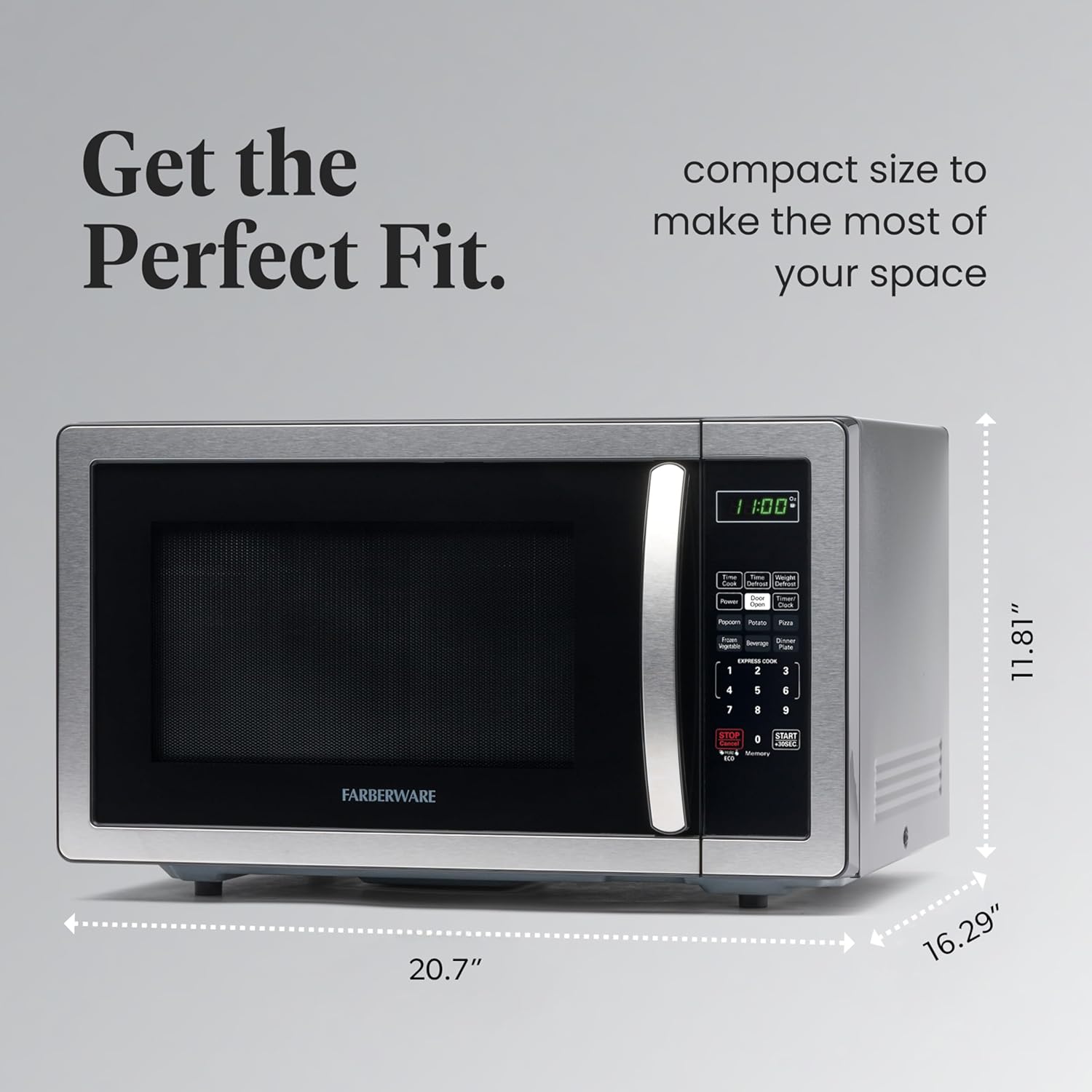 Detalle de Farberware 1.1 Cu. Ft. Countertop Microwave Oven (1000W) with Auto Cook, Defrost, Child Safety Lock — Stainless