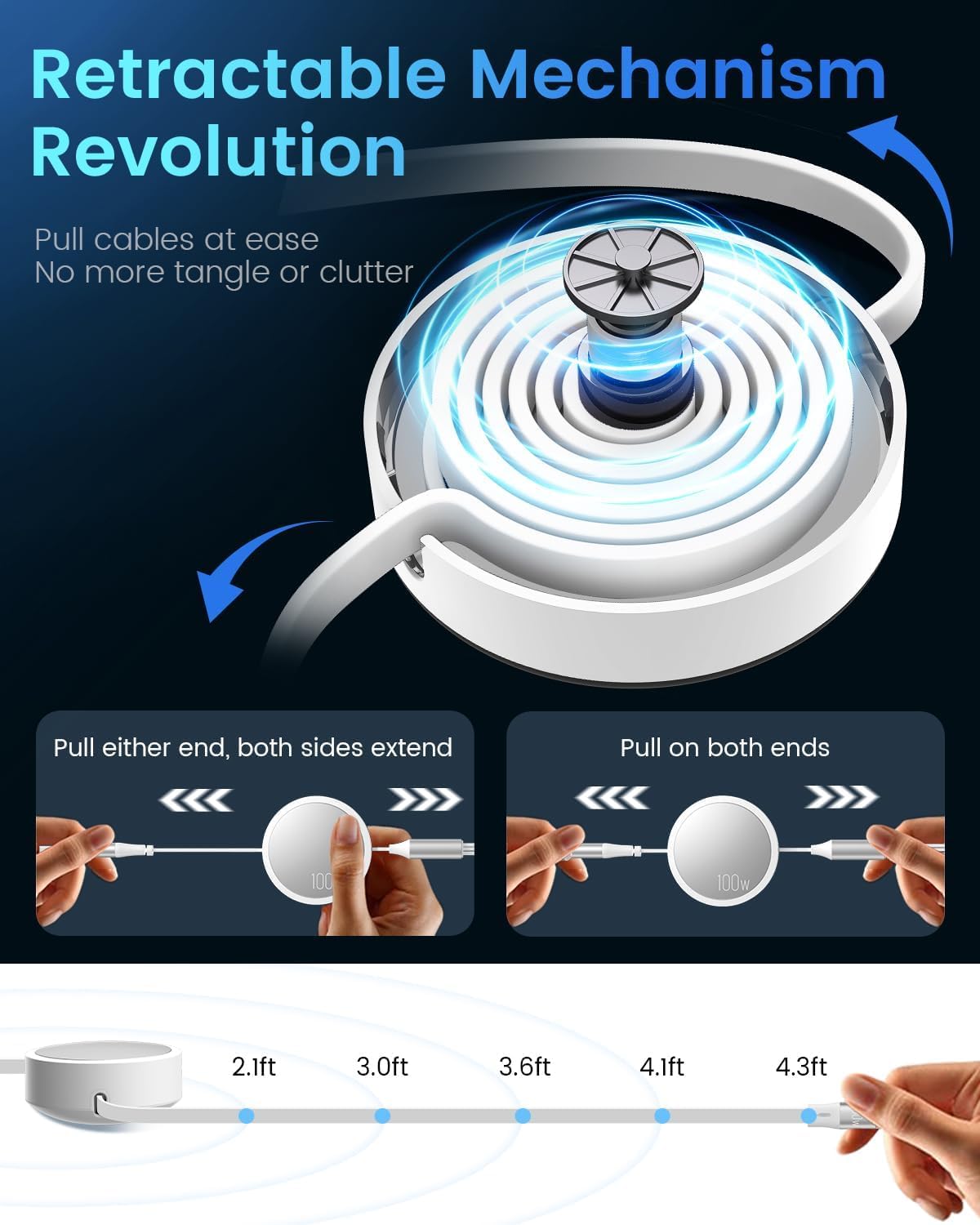 Thumbnail 1 de CAFELE 100W 6-in-1 Retractable Multi Charger Cable: USB A/C, 130cm, PD3.0 Fast Charge