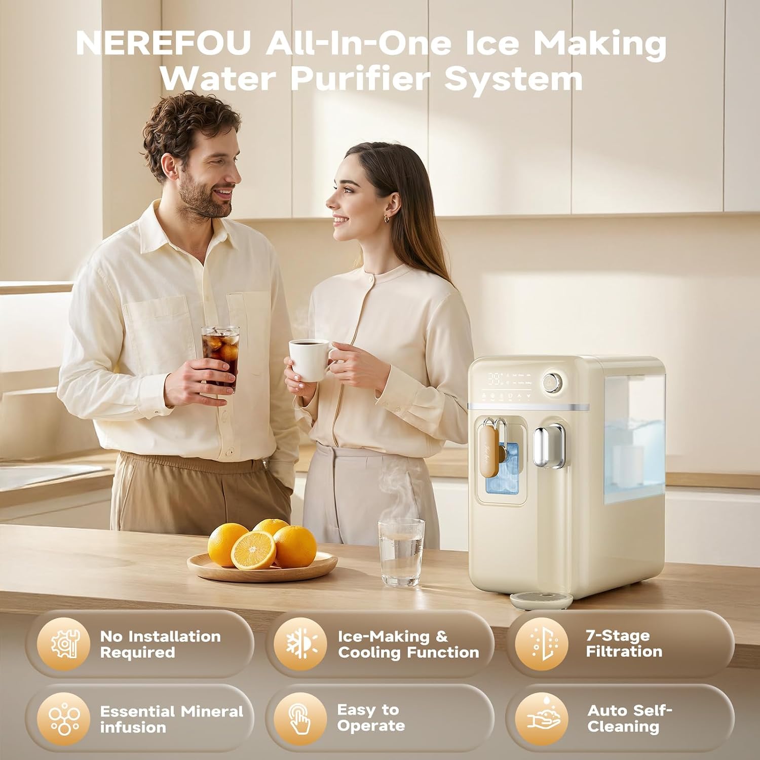 Detalle de Nerefou Countertop Ice Maker and Water Dispenser, Cream Yellow