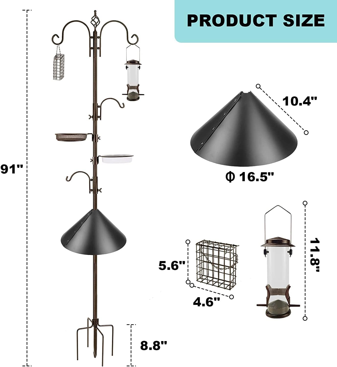 Thumbnail 6 de MIXXIDEA bird feeder station kit with squirrel baffle, suet cage and mesh tray
