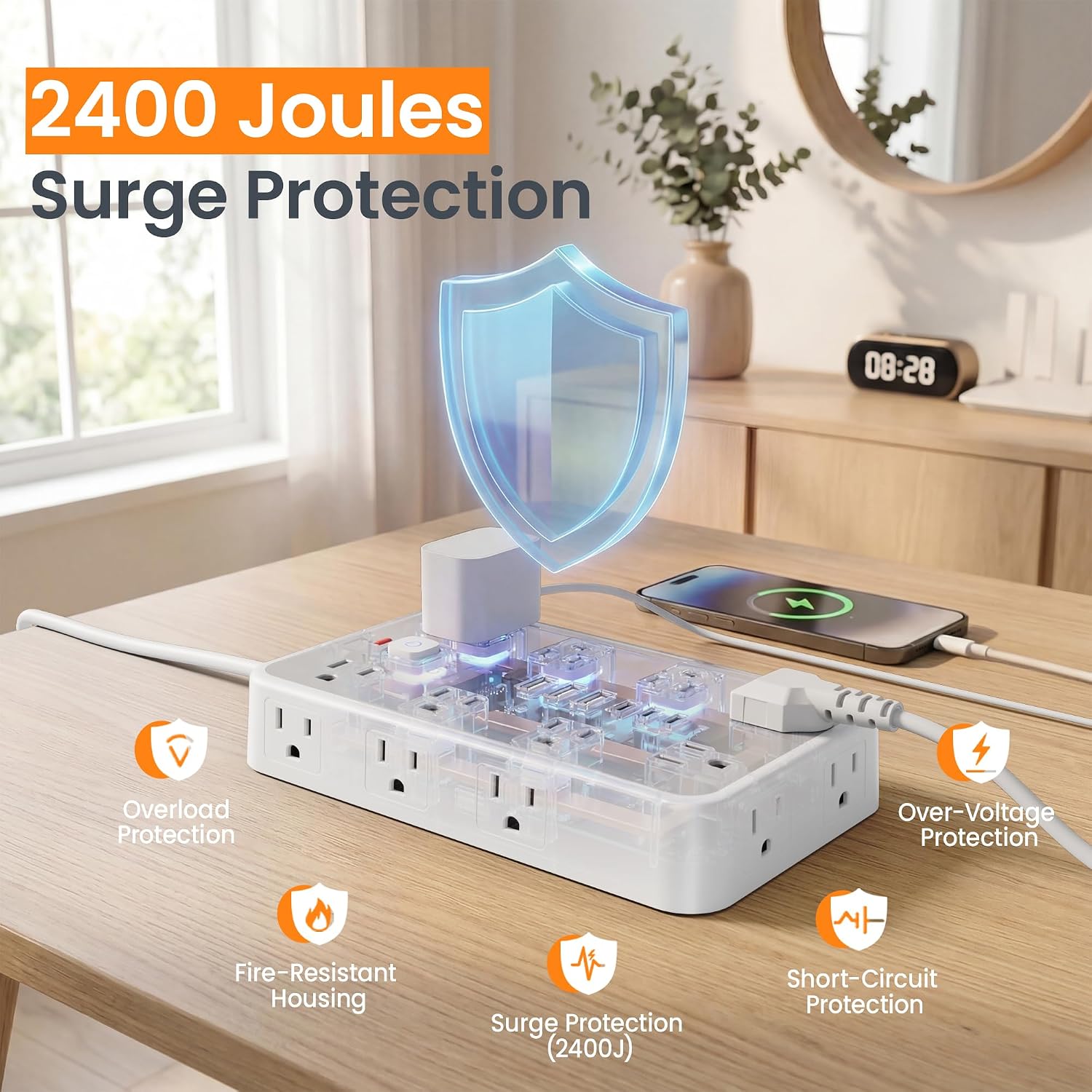 Detalle de Surge Protector Power Strip with 6 USB Ports and 16 Outlets — 6ft Flat Plug, 2400J