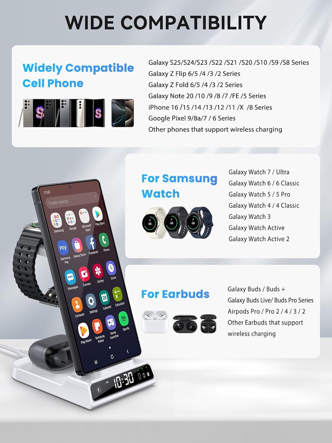 Thumbnail 2 de Chargeur Induction Fil pour Samsung Galaxy S24 Ultra et Galaxy Watch 8/7 – 3 en 1 avec horloge numérique