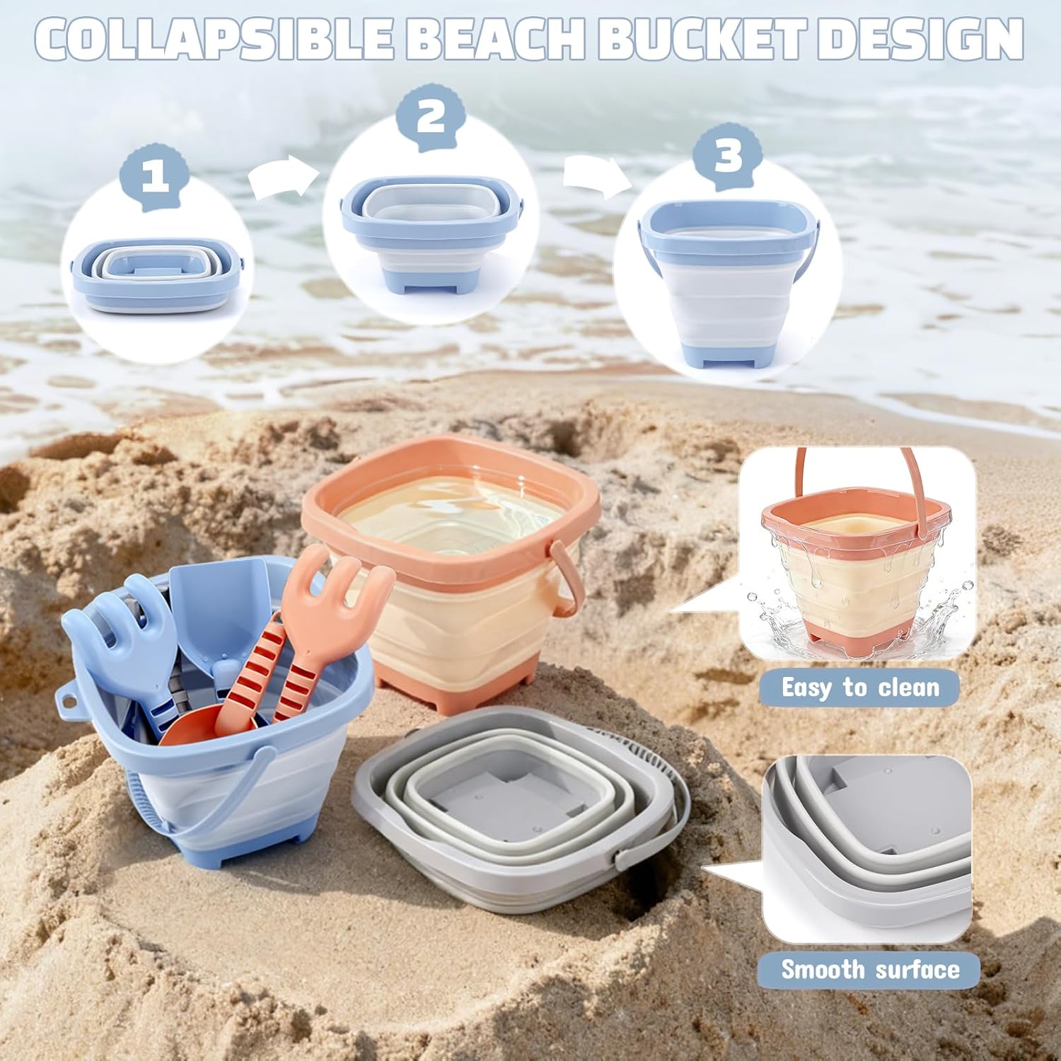 Detalle 2 de Dreamon Beach Sand Toys for Kids 18pcs – Collapsible Bucket & Shovels with Animal Moulds
