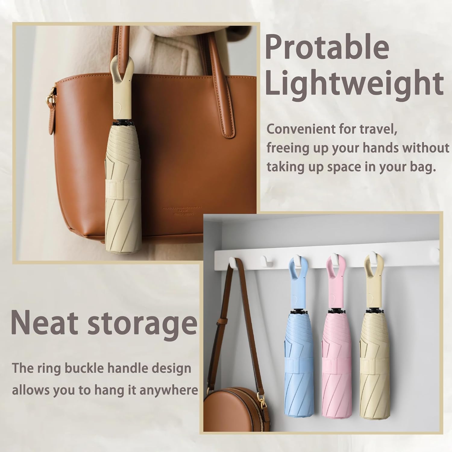 Thumbnail 3 de Ring Carabiner Handle Auto Open/Close Folding Travel Umbrella with UPF 50+ Teflon Coating