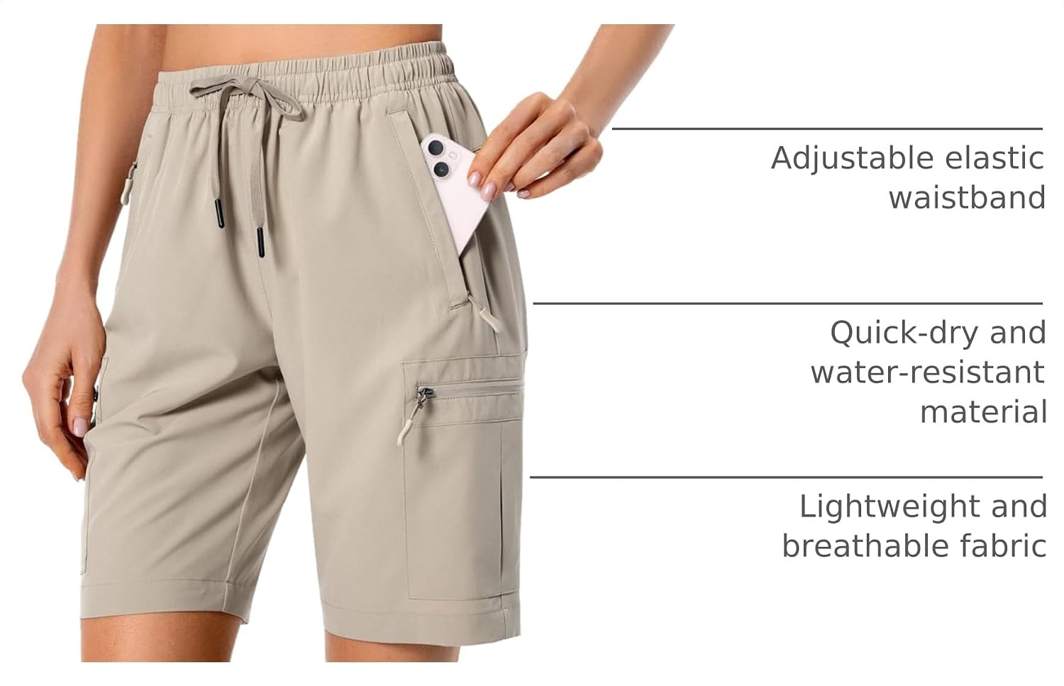 Thumbnail 3 de Hugut Women's Lightweight Hiking Cargo Shorts: Quick-Dry, Water-Resistant with 5 Zip Pockets