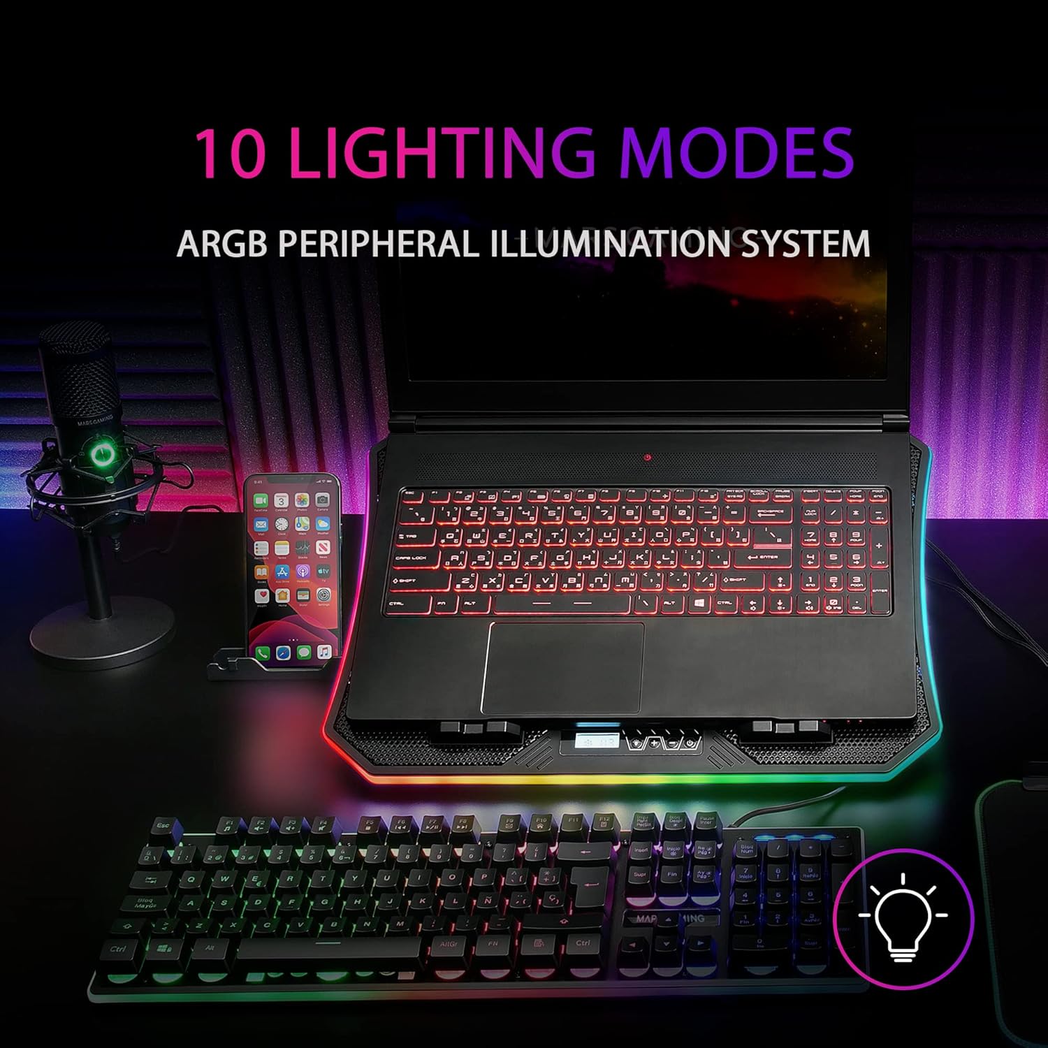 Thumbnail 2 de Mars Gaming MNBC6: base di raffreddamento + supporto XL 19” con ARGB, 3 ventole e holder per smartphone