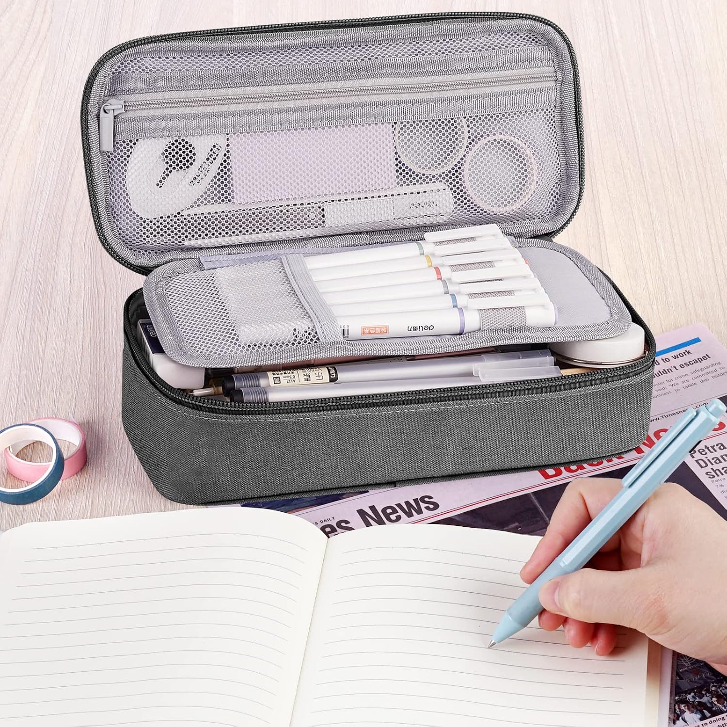 Thumbnail 5 de WEMATE Large Canvas Pencil Case (Grey) with Zipper and 5 Compartments