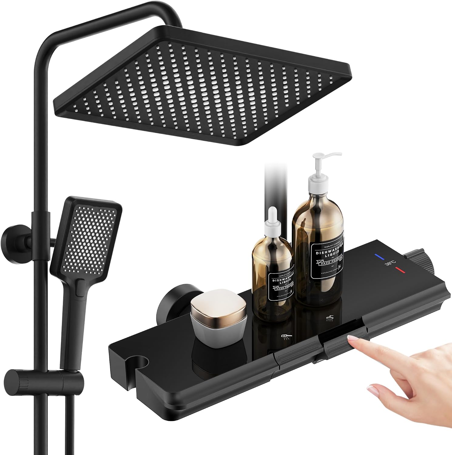 Detalle de HOMELODY Duschsystem mit Thermostat, Glasablage und 30×20 cm Kopfbrause (schwarz) – Komplettset mit 3 Strahlarten