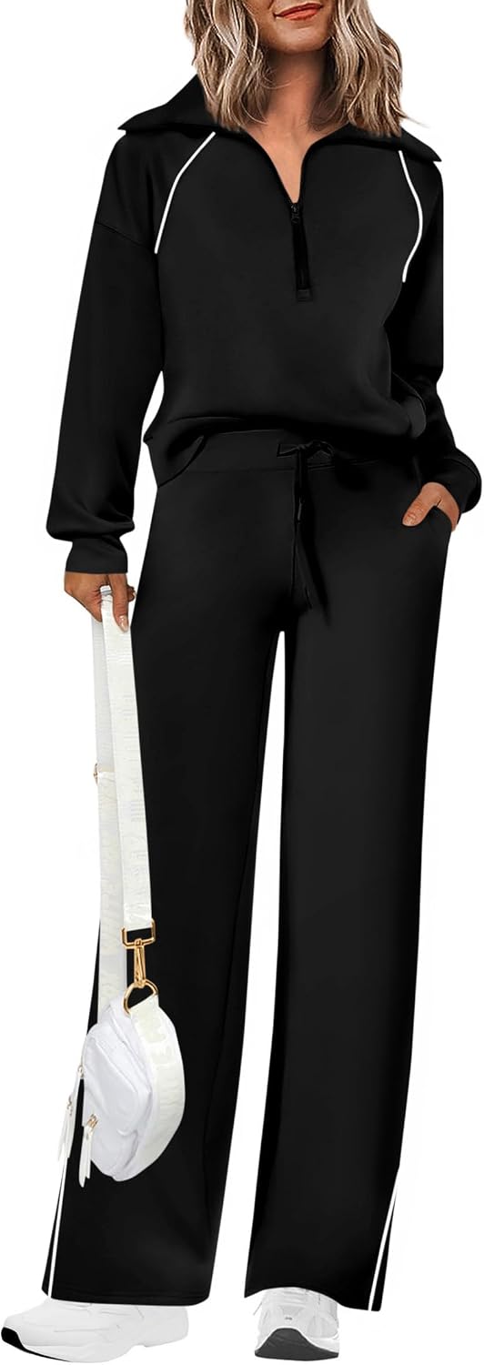 Detalle de PRETTYGARDEN Women's 2 Piece Tracksuit Set: Cozy Lapel Half Zip Sweatshirt + Wide Leg Palazzo Pants