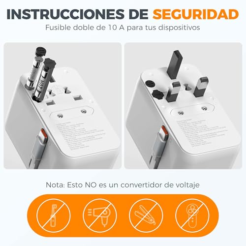 Detalle de TESSAN Adaptador Enchufe Universal 6 en 1 con cable USB‑C retráctil (PD 35 W)