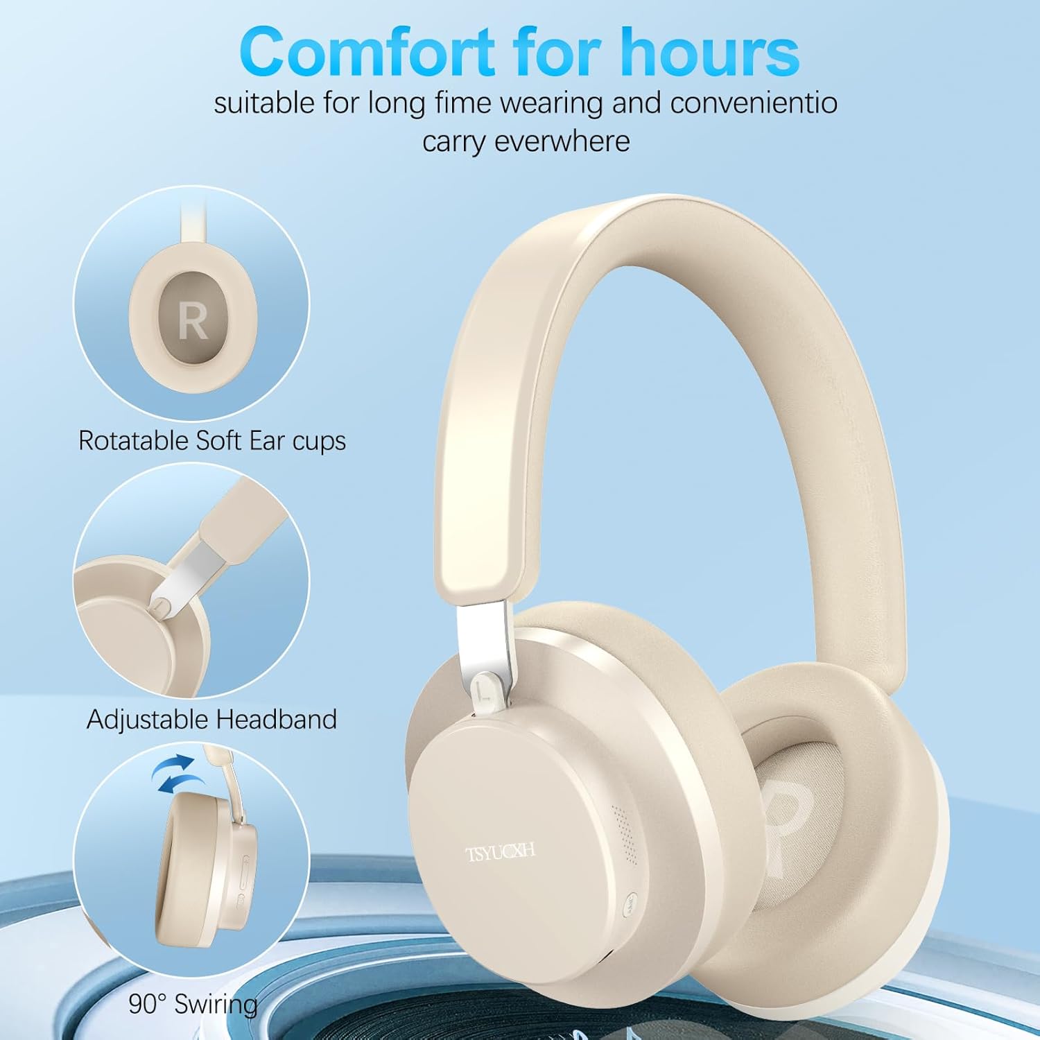 Detalle de Noise Cancelling Wireless Over-Ear Headphones with Microphone (Beige) – 65h Playtime