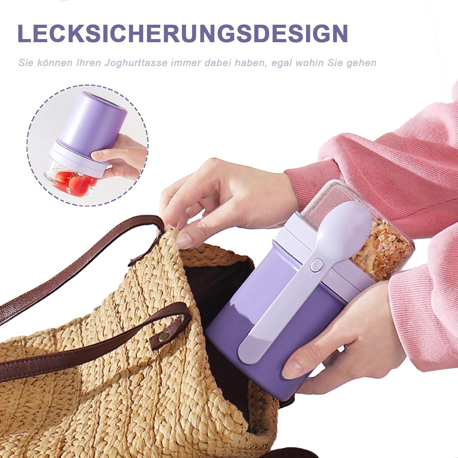 Thumbnail 6 de Swkien Müslibecher to Go: Joghurt- & Müslibecher mit Auslaufschutz, 450 ml + 250 ml (Vivid Lilac)