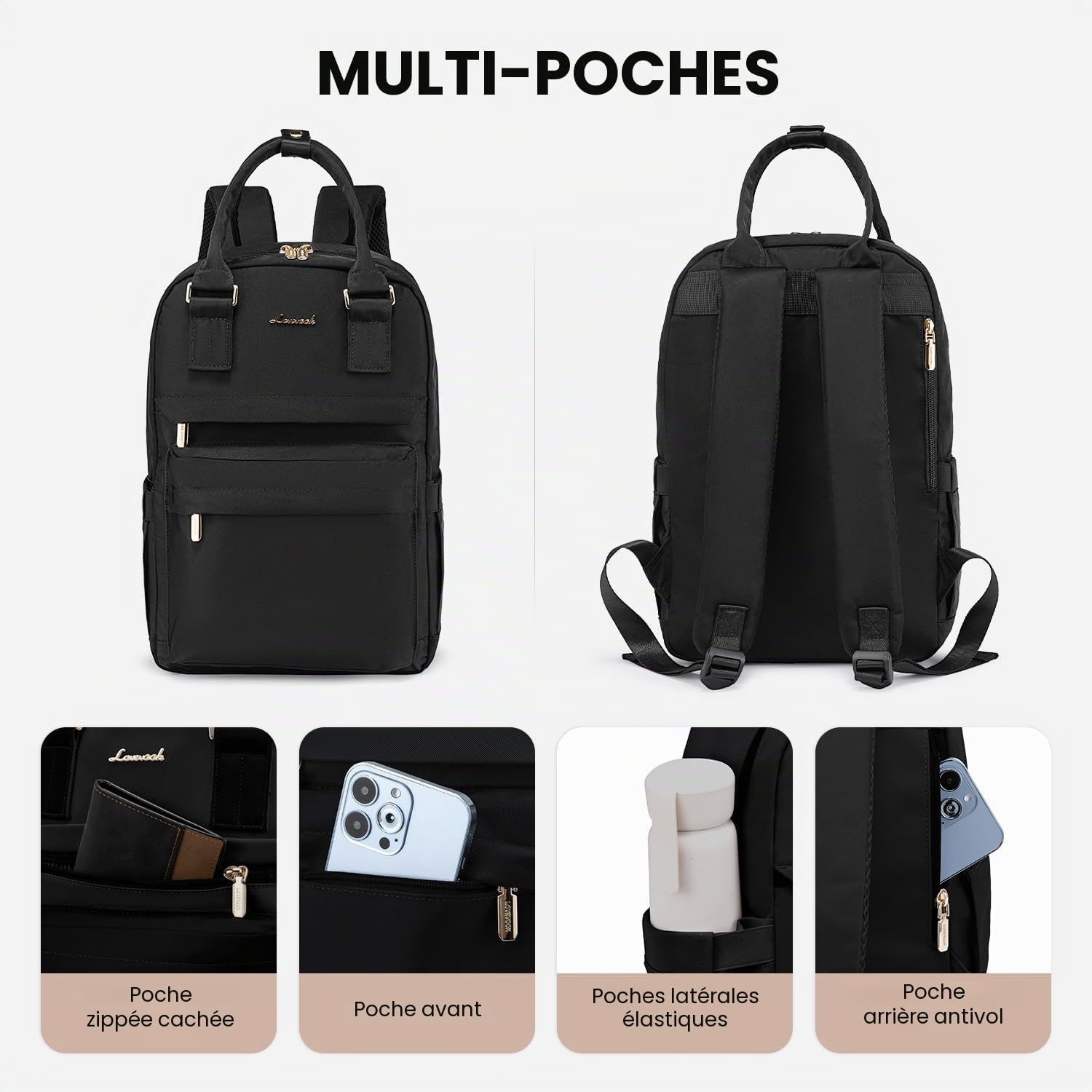 Detalle de LOVEVOOK sac à dos femme étanche 14 pouces – 2 en 1, élégant et polyvalent