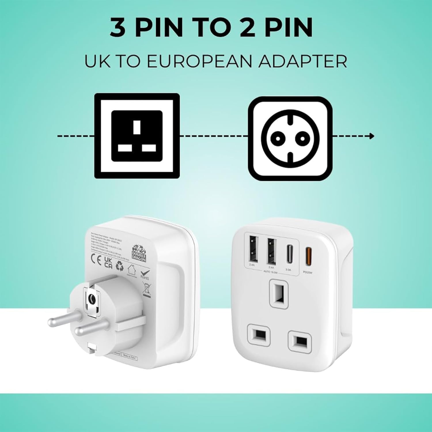 Thumbnail 3 de Double Dragon 20W Fast Charging 5-in-1 UK to EU Travel Adapter (2× USB-A & 2× USB-C, UK 3-pin to EU 2-pin)