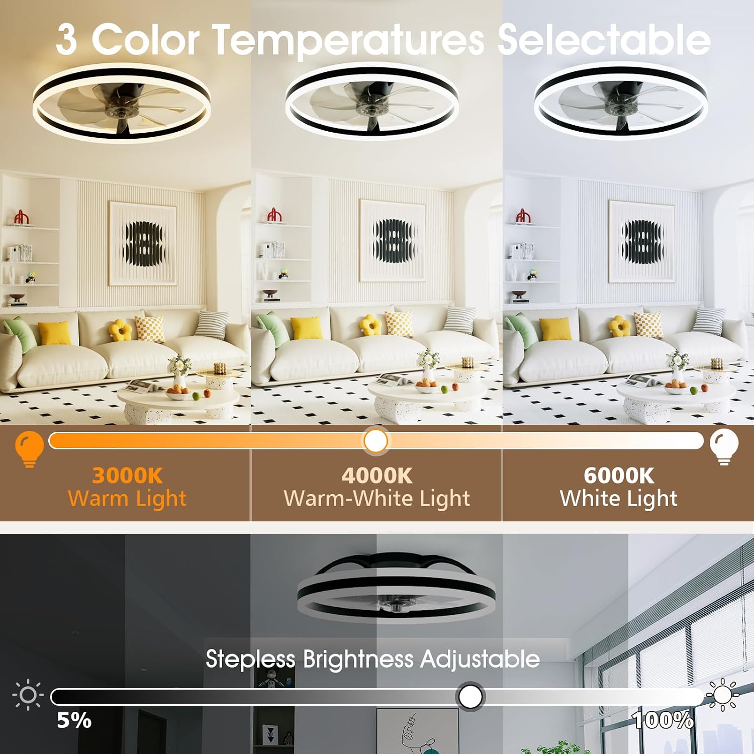 Thumbnail 1 de NIORSUN 60cm Smart LED Ceiling Fan with Lights and Remote (6 Speeds, Dimmable 3000K–6500K) — Black
