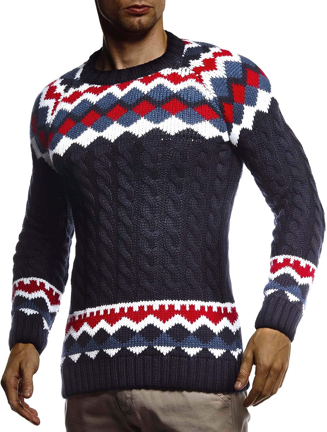 Detalle de Leif Nelson LN20757 pull norvégien en tricot homme à col rond, motif nordique et coupe ajustée